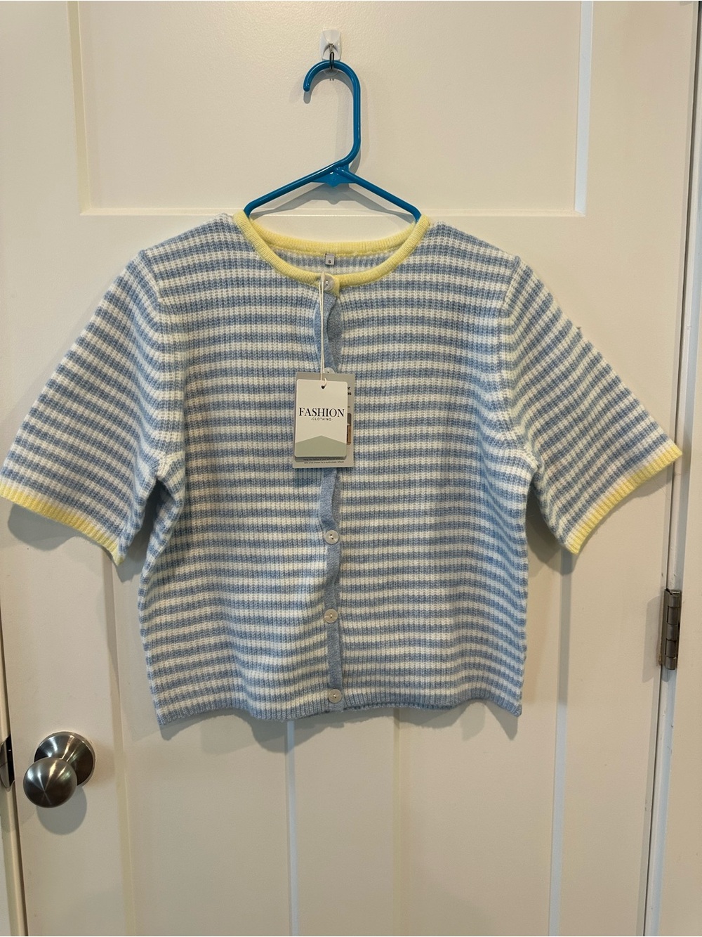 Amazon Blue & White Striped Short-Sleeve Cardigan with Yellow Trim